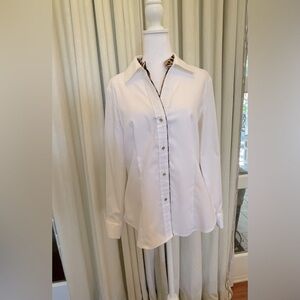 Calvin Klein White Cotton Button Down Blouse with Animal Print Insert